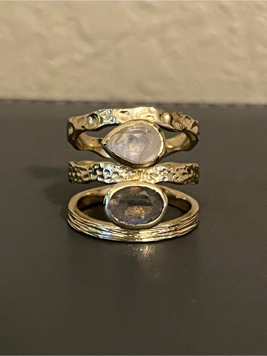 Jewelry - Gold Hammered Stacking Rings with Moonstone and Labradorite - Women's Jewelry